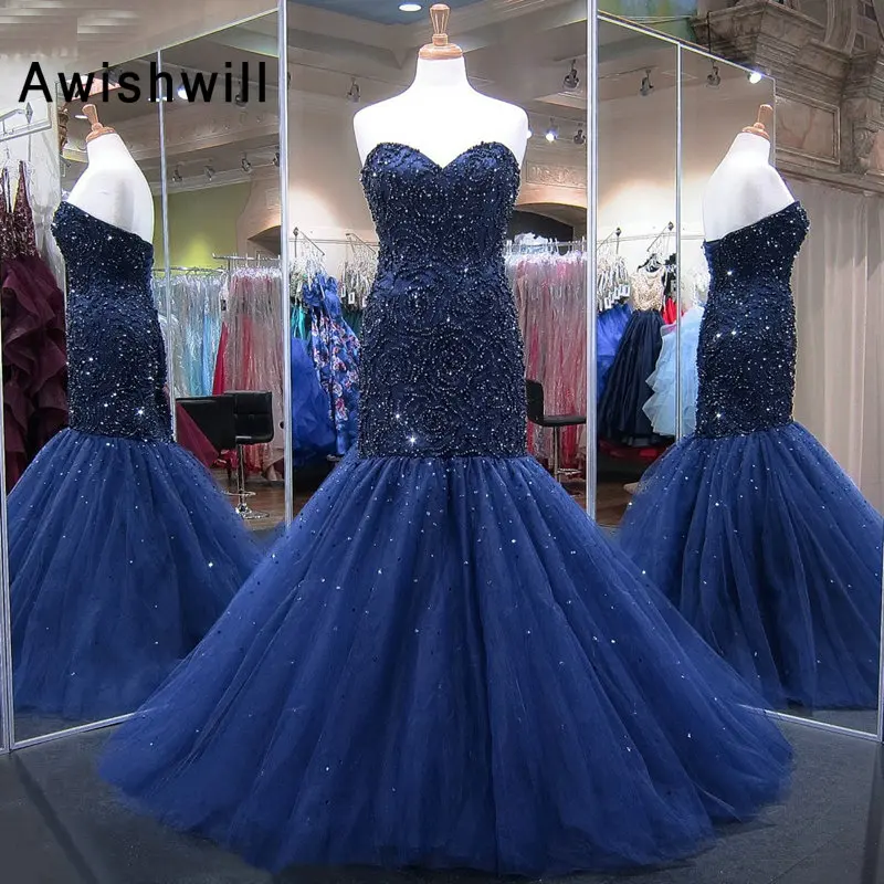 Long Evening Dress Mermaid Sweetheart Beaded Crystals Tulle Women African Navy Blue Formal Evening Gowns Robe de Soiree
Long Evening Dress Mermaid Sweetheart Beaded Crystals Tulle Women African Navy Blue Formal Evening Gowns Robe de Soiree