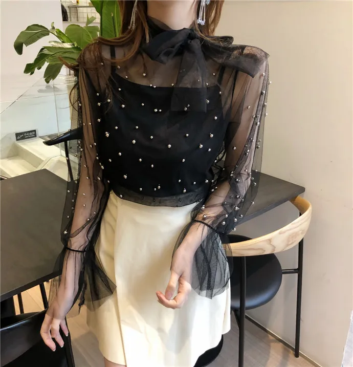 2020 autumn Long Flare Sleeve Bow Tie Mesh Blouses Women Transparent Sexy Mesh Shirts Women Bear Work Pearl Mesh Tops Bow Tops
2020 autumn Long Flare Sleeve Bow Tie Mesh Blouses Women Transparent Sexy Mesh Shirts Women Bear Work Pearl Mesh Tops Bow Tops