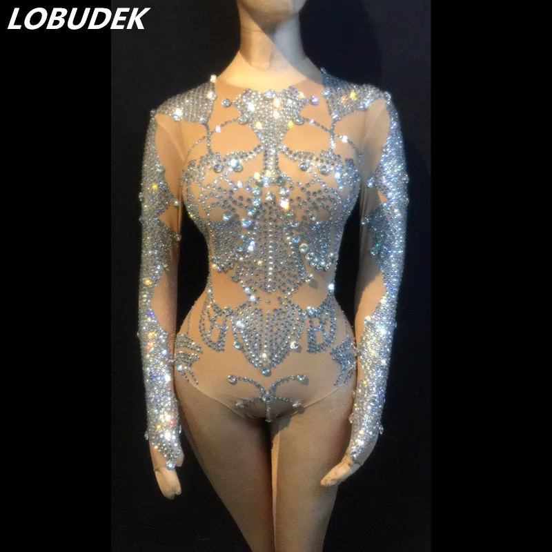 Flashing Silver Rhinestones Bodysuit Stretch Long Sleeve Crystal Skinny Catsuit Stage Wear Bar Club Women Singer Dancer Costume
Flashing Silver Rhinestones Bodysuit Stretch Long Sleeve Crystal Skinny Catsuit Stage Wear Bar Club Women Singer Dancer Costume