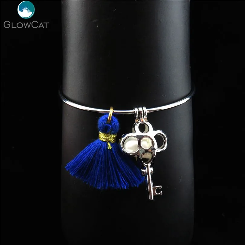 Women Expandable Cuff Bangle Key Tassel Charms Natural Pearl Cage Aromatherapy Locket Stainless Steel Bracelet Bangles KB53 | Украшения и