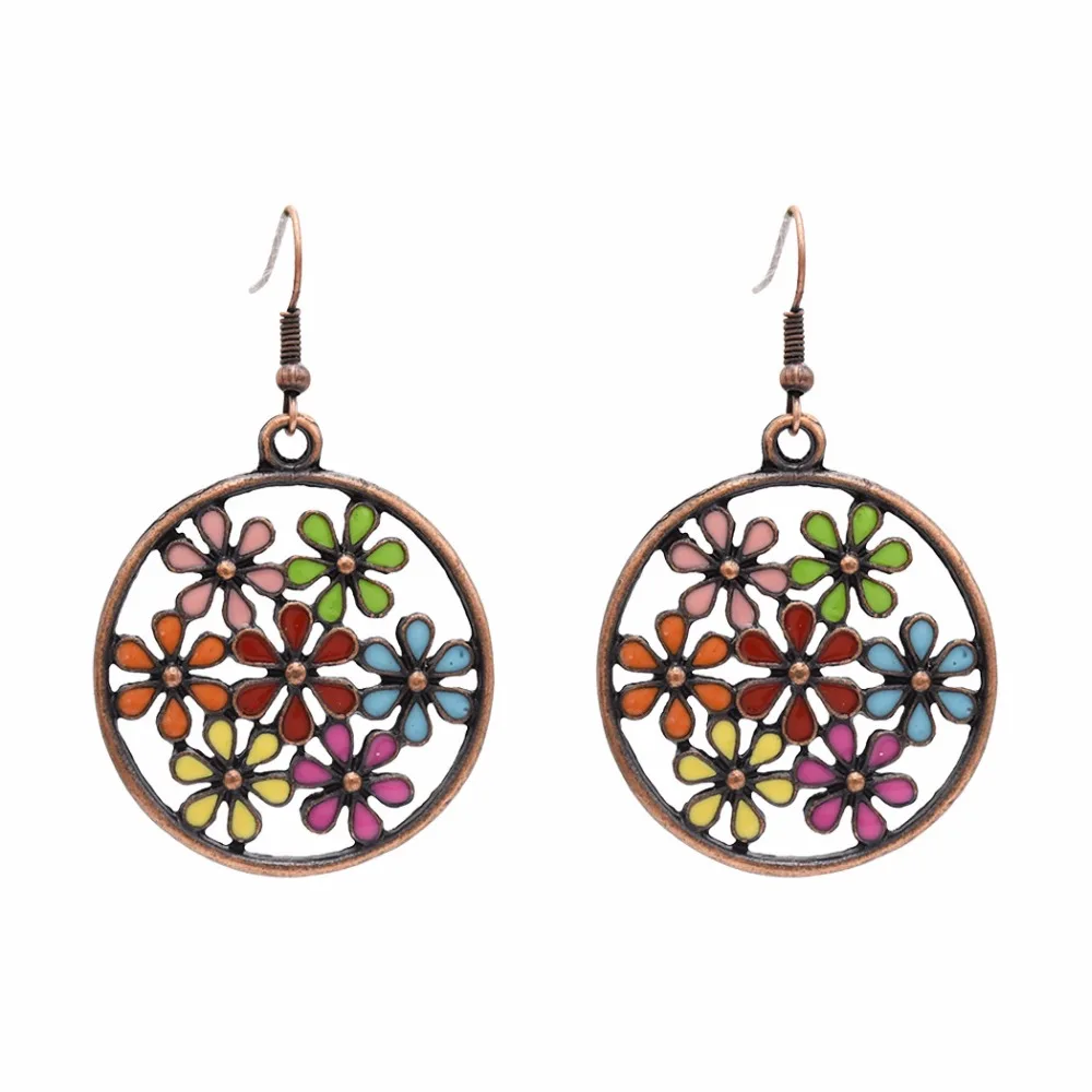 Vintage Enamel Flower Drop Dangle Earring for Women Girl Tribal Hollow Floral Pendant Earrings Pendientes India Party Jewelry | Украшения и