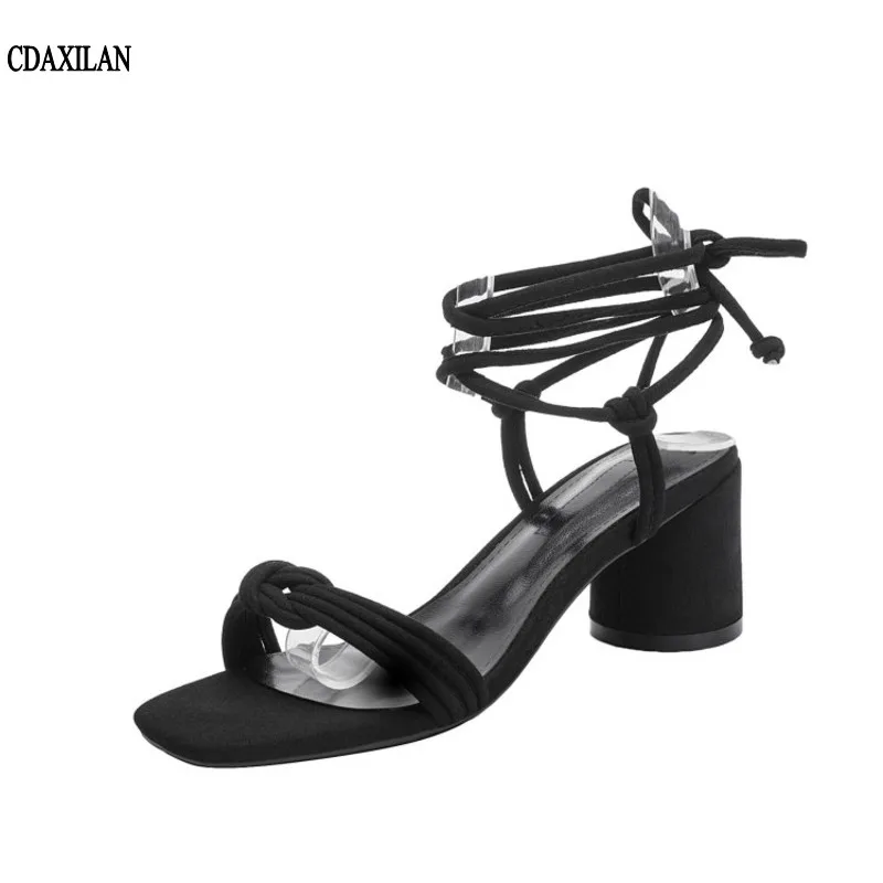 

CDAXILAN new arrivals sandal women lace up kid suede ankle strap 6CM high round heels casual shoes ladies summer open toe sandal