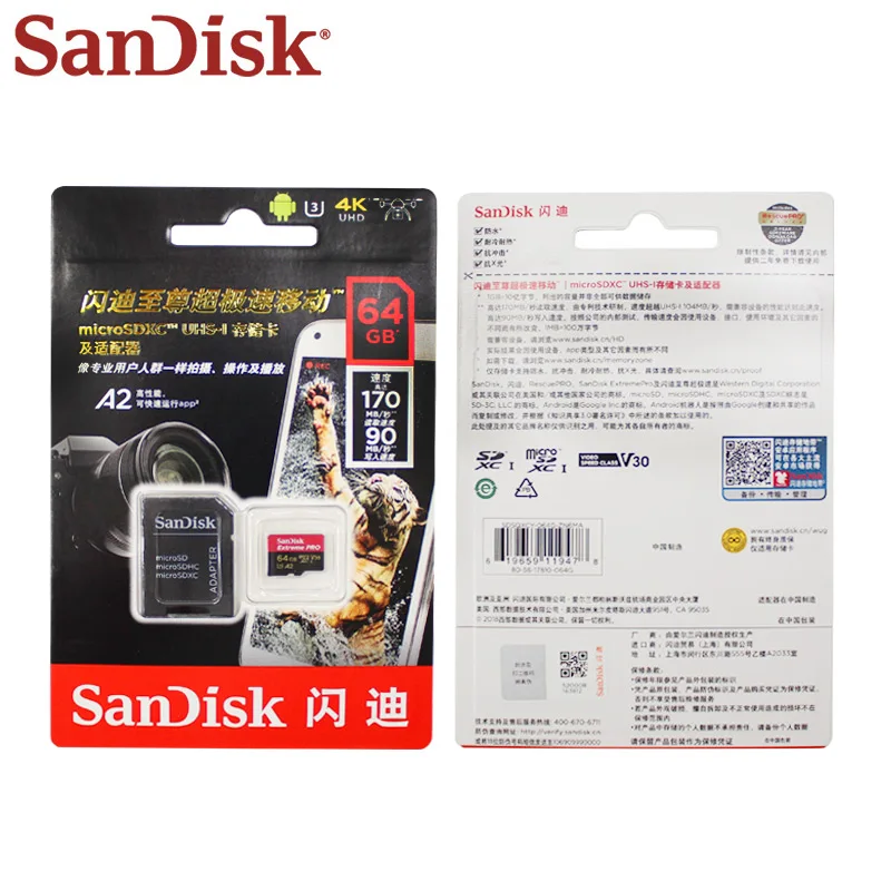 Оригинальный двойной флеш накопитель SanDisk Extreme Pro Micro SD Card до 170 МБ/с. 128 Гб 64 A2 V30 U3