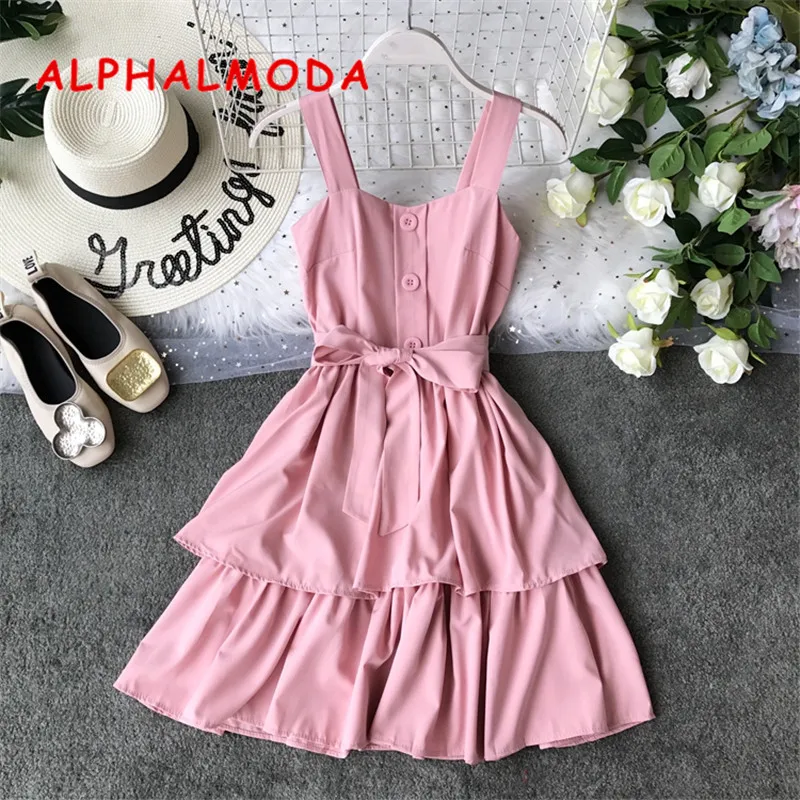 

ALPHALMODA Single Breasted Ruffled Tank Dress High Waist Stretchy Bust Ladies Sweet Sashes Princess Vestidos