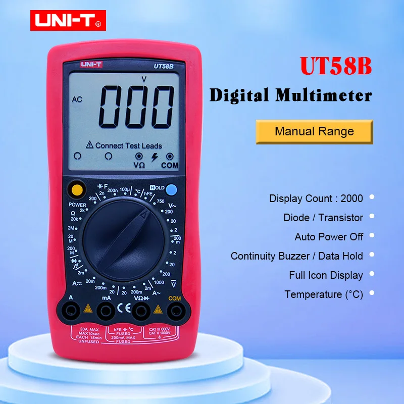 UNI-T Digial Multimeter UT58B AC DC Voltmeter with Data Hold Temperature Multimetro by Voltage pen
UNI-T Digial Multimeter UT58B AC DC Voltmeter with Data Hold Temperature Multimetro by Voltage pen