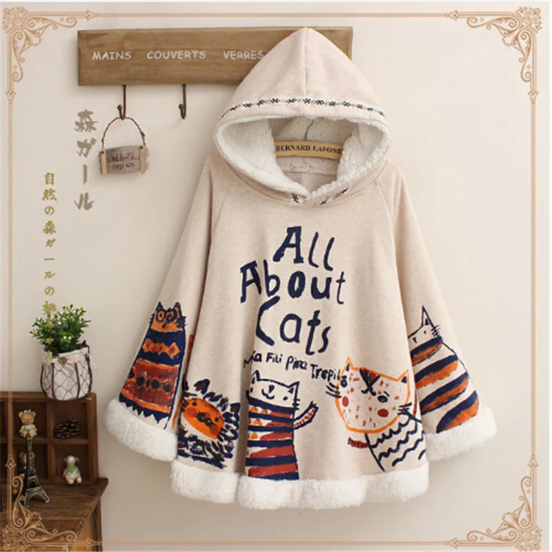 Harajuku Cute Women Cape Coat Cartoon Cat Printing Japanese MORI GIRL Winter Hooded Sweatshirt Tops Cloak
Harajuku Cute Women Cape Coat Cartoon Cat Printing Japanese MORI GIRL Winter Hooded Sweatshirt Tops Cloak