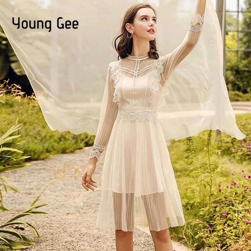 Young Gee Party Mesh Dress Spring Summer Lace Flower Long Sleeve Midi Dress Chic Fashion Crochet Pleated Dresses vestidos
Young Gee Party Mesh Dress Spring Summer Lace Flower Long Sleeve Midi Dress Chic Fashion Crochet Pleated Dresses vestidos