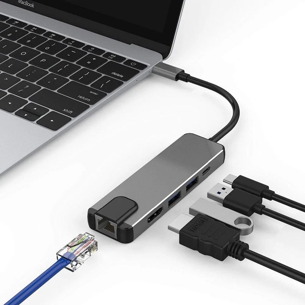 5 в 1 Тип usb C концентратор Hdmi USB к Gigabit Ethernet Rj45 сетевой адаптер для Macbook Pro Thunderbolt 3