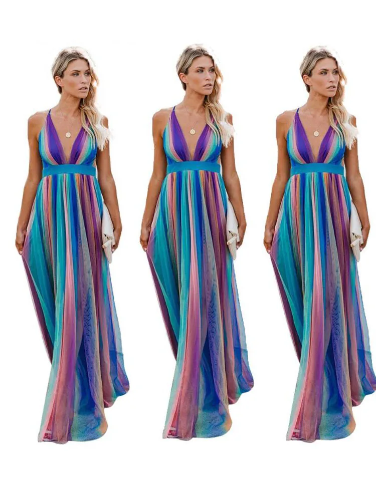 2019 Women Summer Spaghetti Strap Chiffon Rainbow Color Stripes Deep V-neck Pleated Maxi long Dress Floor Length Sexy Beach
2019 Women Summer Spaghetti Strap Chiffon Rainbow Color Stripes Deep V-neck Pleated Maxi long Dress Floor Length Sexy Beach