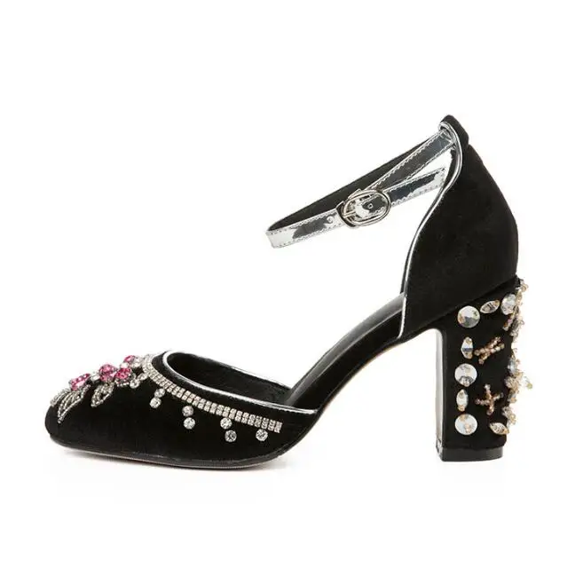 

Moraima Snc Crystal Embellished High Heel Shoes Woman Round Toe Ankle Strap Thick heels Pumps Sexy Mary Janes Party Dress Shoes