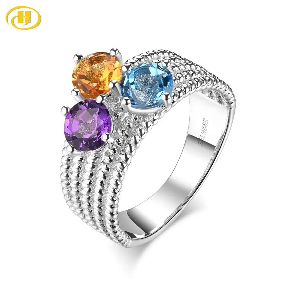 

Обручальное кольцо Hutang с натуральным драгоценным камнем 5 мм, с голубым топазом, из с цитрином, с аметистом стерлингового серебра 925 пробы, юв...