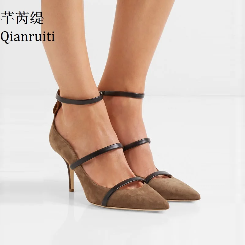 Qianruiti/серебристо розовые кожаные женские туфли лодочки с ремешком на щиколотке