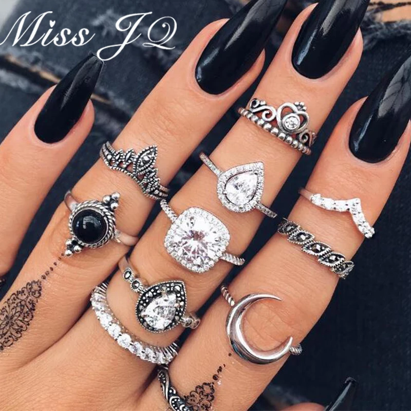 Женские винтажные геометрические кольца Miss JQ набор из 11 шт./компл. с черным камнем