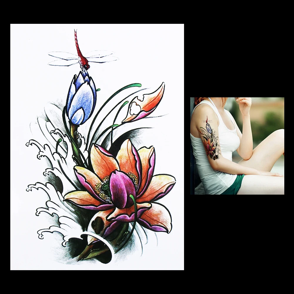 1 шт. женский мужской боди арт временная татуировка HB314 Стрекоза Цветок лотоса