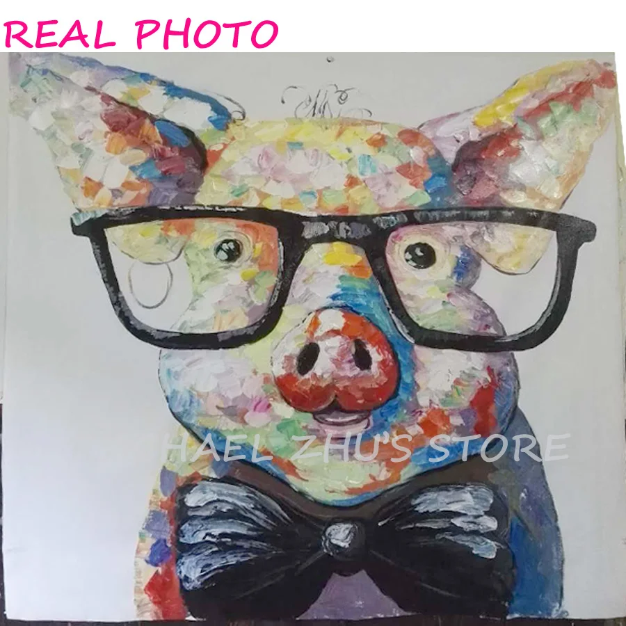 

Hand Painted Modern Abstract Cartoon Animal Oil Painting On Canvas Pig Wearing Glassess Wall Picture Art Living Room Home Decor