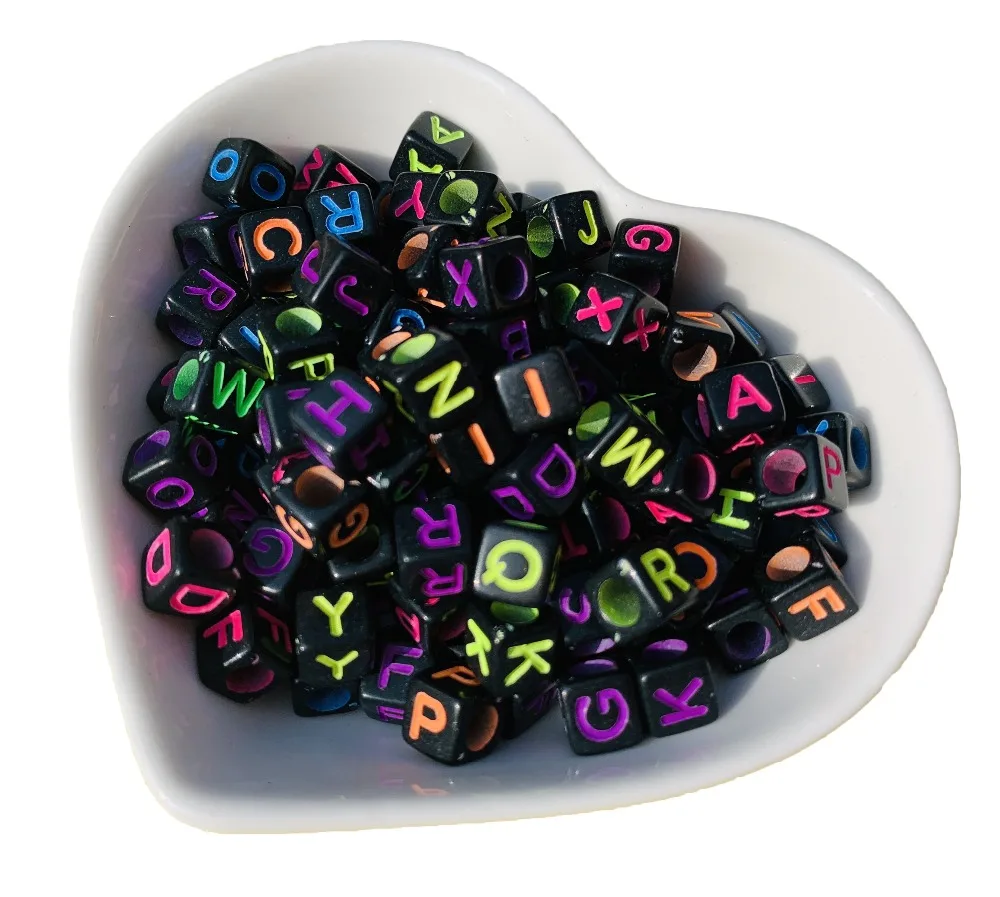 

Black Neon Color Cube Acrylic Letter Beads 3000pcs 6*6mm Square Big Hole Spacers Alphabet Jewelry Bracelet Ornament Beading