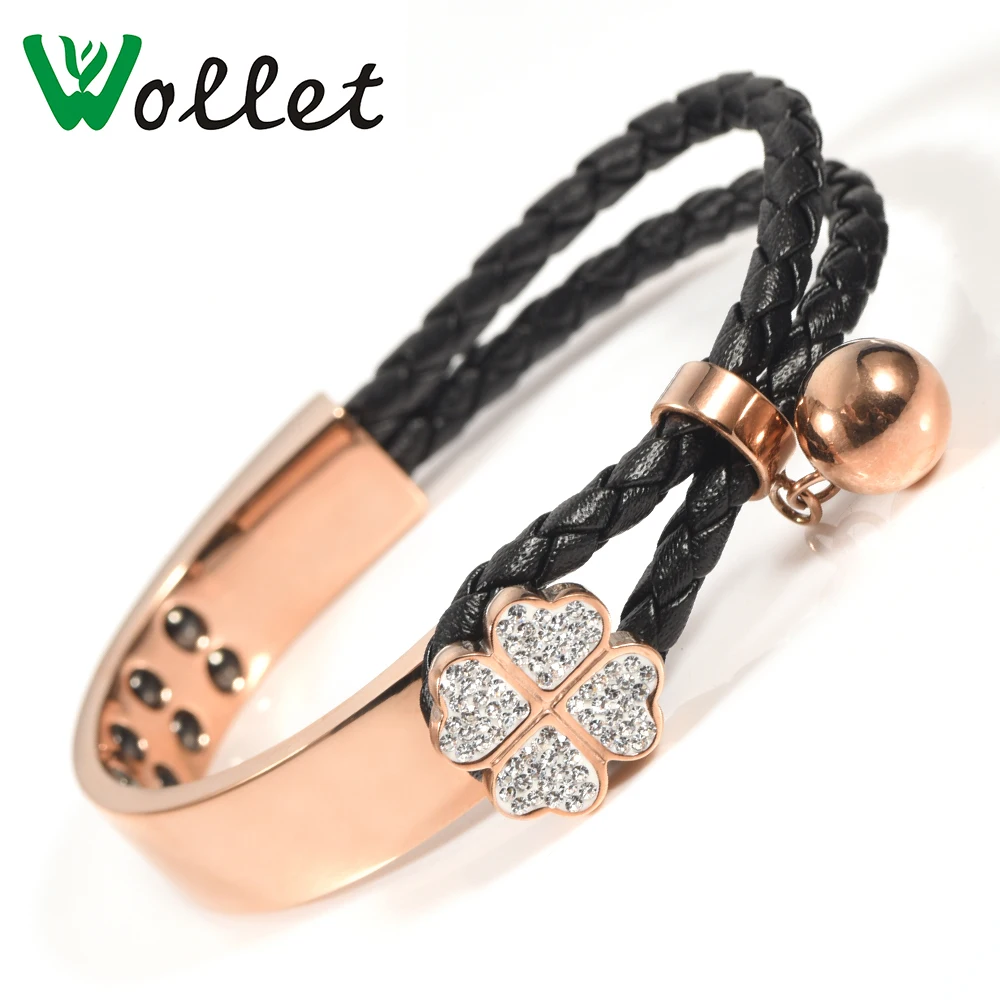 Wollet Jewelry Stainless Steel Bracelet Bangle for Women CZ Stone Metallic Rose Gold Clover Flower Hematite Germanium Black Wire
Wollet Jewelry Stainless Steel Bracelet Bangle for Women CZ Stone Metallic Rose Gold Clover Flower Hematite Germanium Black Wire