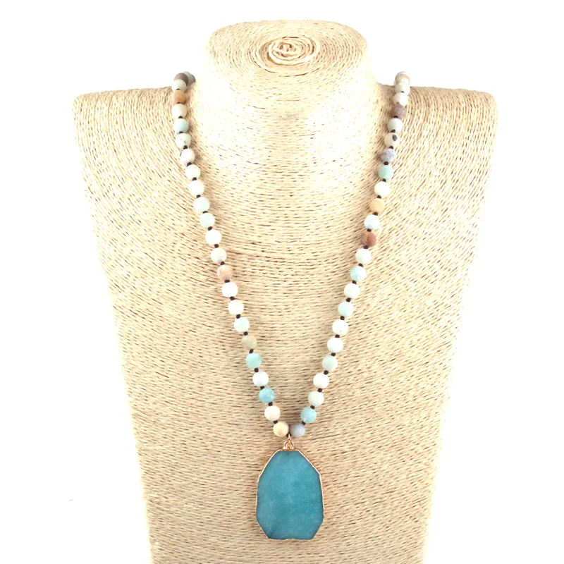 New Fashion Bohemian Jewelry Amazonite Stone Knotted Blue Square Pendant Women Necklace Free Shipping | Украшения и аксессуары