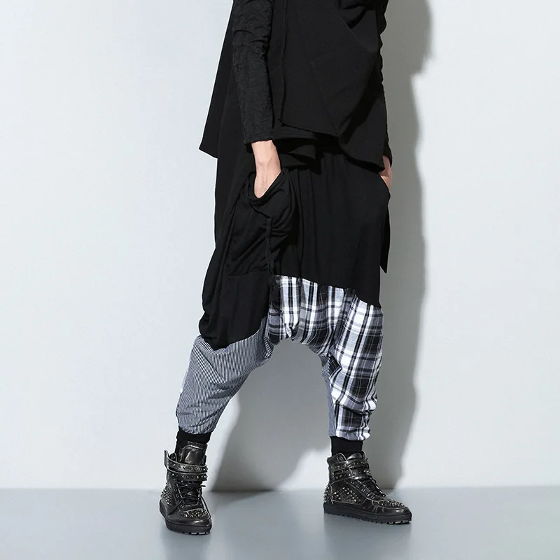 Hip Hop Loose Stretch Men Pants Full Length Spliced Plaid Harem Fashion Street Casual Drawstring Waist Male Trousers Tide | Мужская