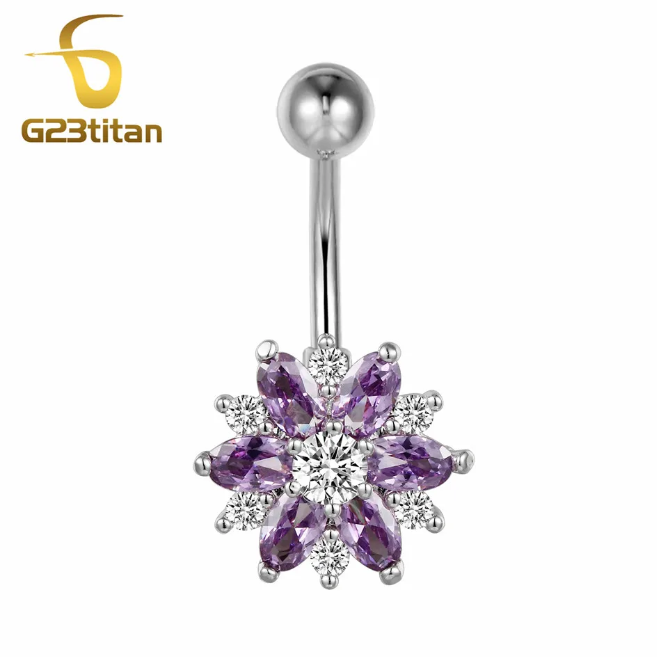 

G23titan Purple Rhinestone Flower Navel Piercing Ring for Women 16G Titanium Barbell Silver Color Belly Botton Ring Body Jewelry