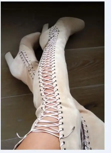Hot selling beige suede side lace-up high heel boots round toe thick heels woman boots over the knee riding boots
Hot selling beige suede side lace-up high heel boots round toe thick heels woman boots over the knee riding boots
