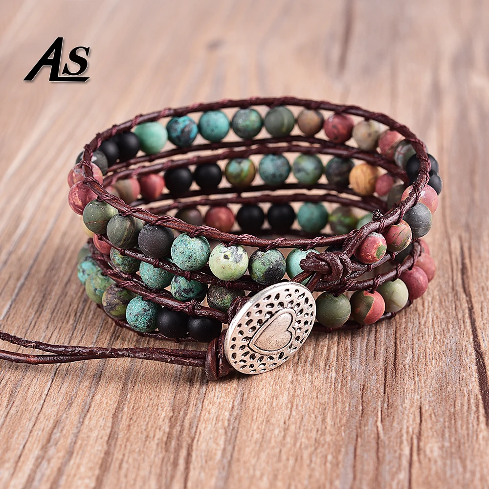 Asingeloo Natural Matte Stone 6mm Afric Turquoise Beads Leather Bracelets 3 Wraps Handmade Vintage Jewelry Bracelet for Women
Asingeloo Natural Matte Stone 6mm Afric Turquoise Beads Leather Bracelets 3 Wraps Handmade Vintage Jewelry Bracelet for Women