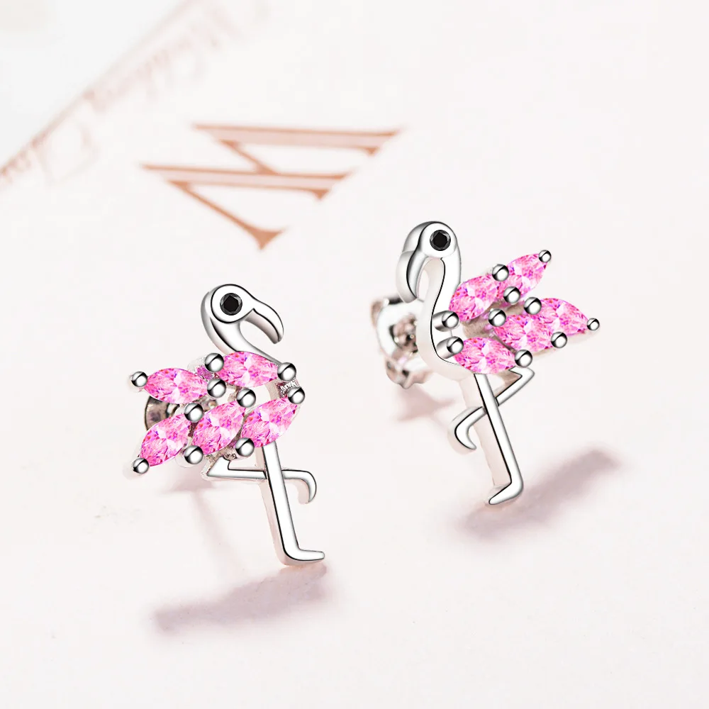 Модные Розовые циркониевые милые серьги-гвоздики с фламинго для женщин простые