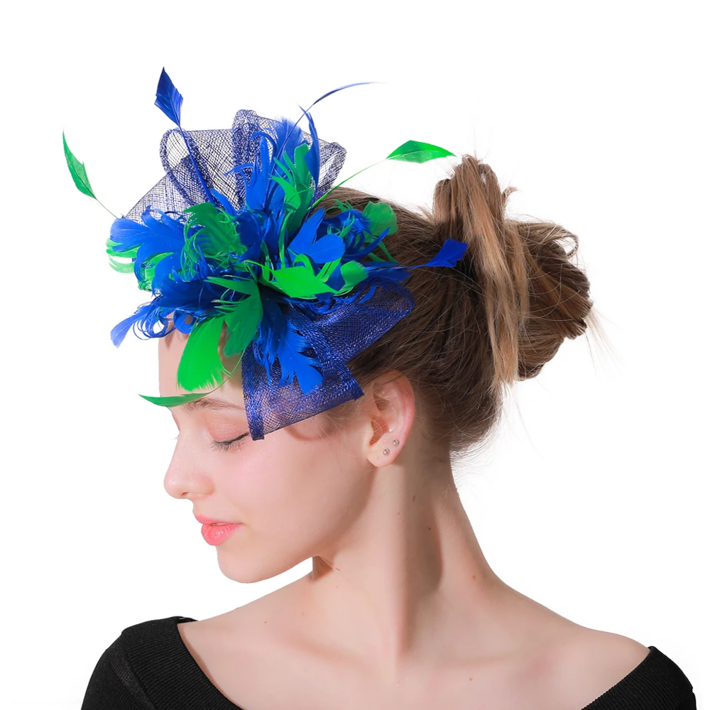 

Royal Blue And Green Sinamay Fascinator Millinery Kentucky With Feather Cocktail Hat Wedding Headwear NEW ARRIVAL High Quality