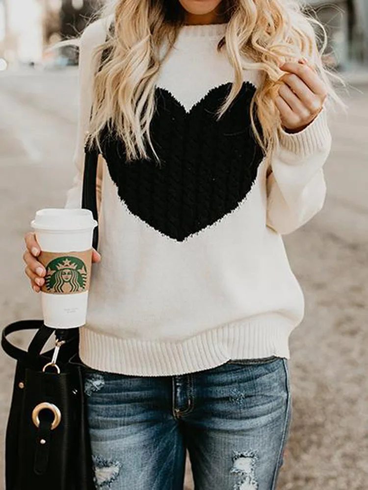Осенне-зимние женские свитера с принтом сердечек Топы длинным рукавом милые
