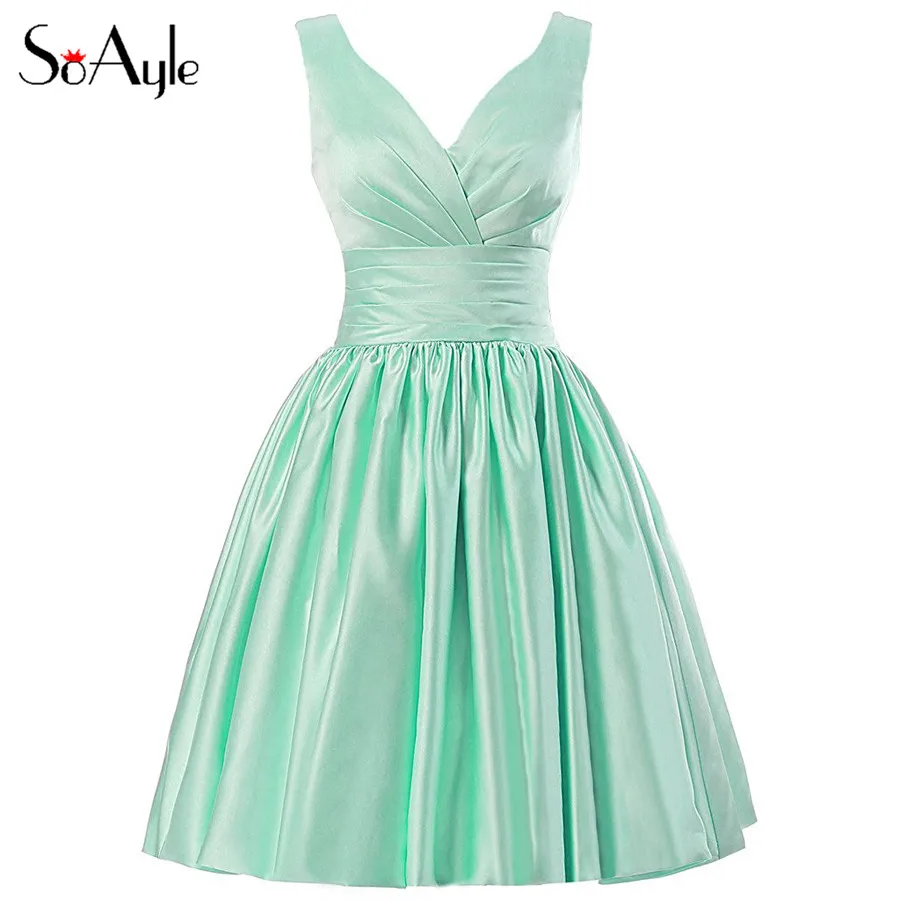 Женское платье подружки невесты SoAyle, Бальное атласное короткое платье до колен с V-образным вырезом и мятным узором, бальное платье, 2017 
Женское платье подружки невесты SoAyle, Бальное атласное короткое платье до колен с V-образным вырезом и мятным узором, бальное платье, 2017