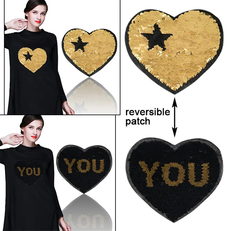 T-shirt Patch 16cm Golden heart star flip the double sided Patches for clothing Reversible change color sequins T shirt Women
T-shirt Patch 16cm Golden heart star flip the double sided Patches for clothing Reversible change color sequins T shirt Women