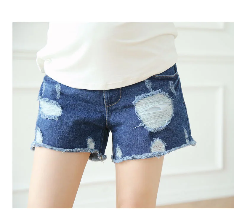 

Fashion Ripped Hole Fringed Blue Denim Maternity Shorts Elastic Waist Pregnancy Short Jeans Summer Clothes for Pregnant Women