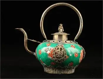 

Crafts Arts Collection Handmade Old decorated porcelain Tibet Silver Monkey Teapot Garden 100% real Tibetan Silver Brass