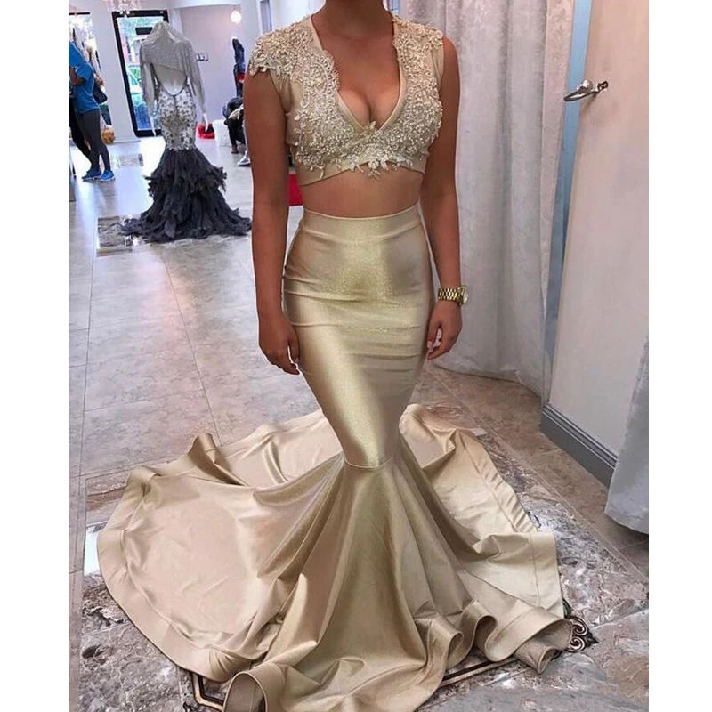 Sexy V Neck Champagne Gold Mermaid Two Pieces Prom Dresses Long 2022 Sweep Train Satin Beaded Lace Women Evening Party Gowns
Sexy V Neck Champagne Gold Mermaid Two Pieces Prom Dresses Long 2022 Sweep Train Satin Beaded Lace Women Evening Party Gowns