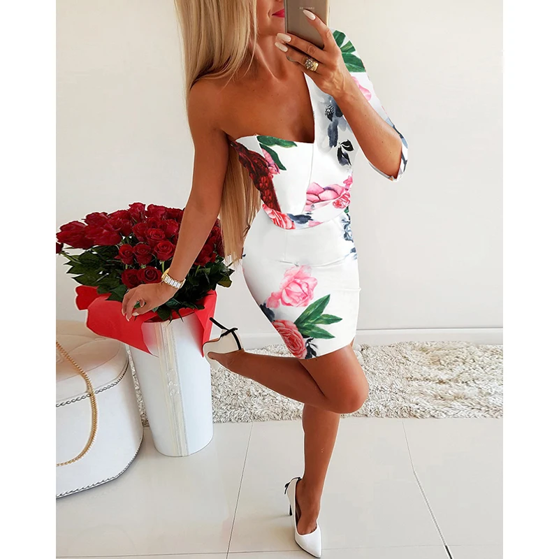 Fashion One Shoulder Sexy Club Party Bodycon Dress Summer Women V-Neck Stretchy Casual Flower Print Mini Dress SJ3172V
Fashion One Shoulder Sexy Club Party Bodycon Dress Summer Women V-Neck Stretchy Casual Flower Print Mini Dress SJ3172V
