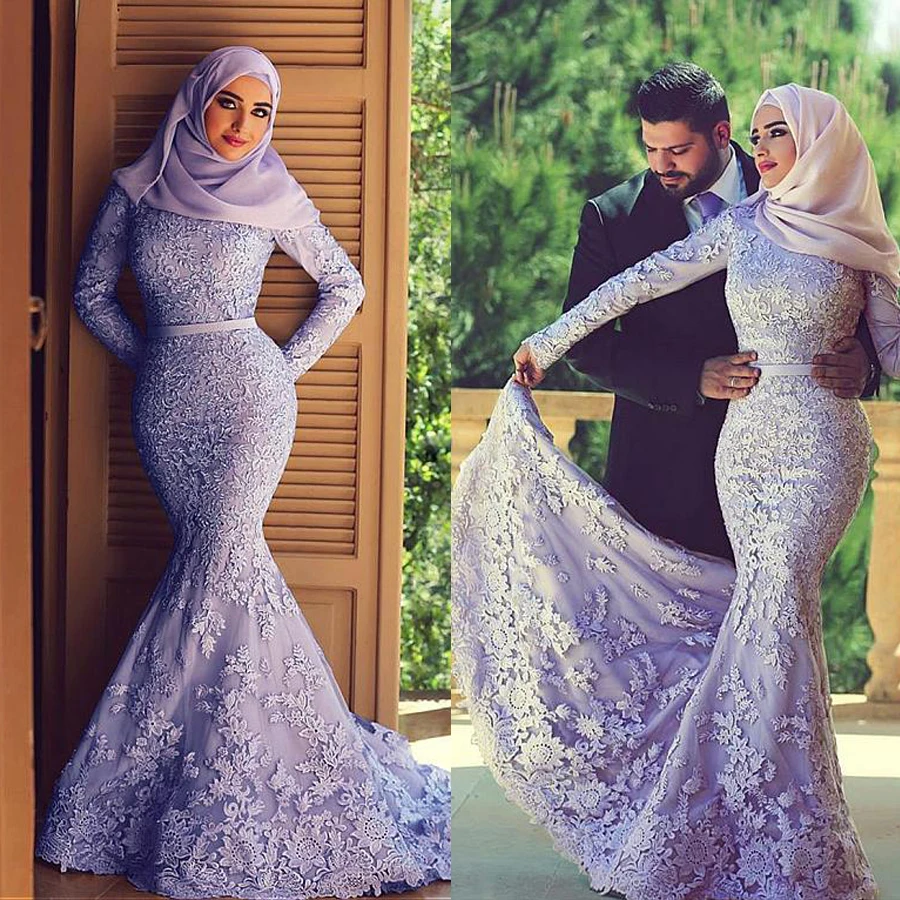 Elegant Tulle Mermaid Arabic Islamic Wedding Dresses with Beaded Lace Appliques Purple Long Sleeves Bridal Dresses
Elegant Tulle Mermaid Arabic Islamic Wedding Dresses with Beaded Lace Appliques Purple Long Sleeves Bridal Dresses