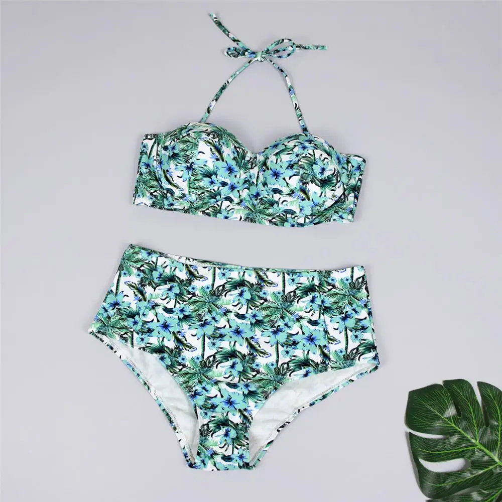 

Push Up Bikini Sets Leaves Flower Print Crop Top High Waisted Vintage Swimwear Strappy Two Piece Swimsuits
