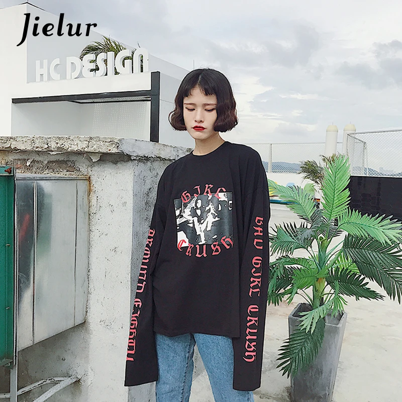 Jielur Harajuku BF Autumn New Women's T-shirts Loose Letter Print Full Sleeve Top Korean Pop Street Fashion Female T-shirt M-XXL | Женская