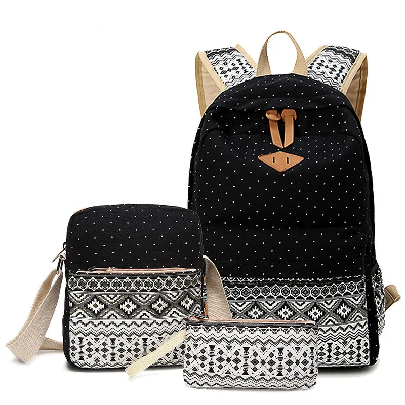 Dot Canvas Printing Backpack Women School Back Bags for Teenage Girls Cute Black Set Travel Backpacks Female Bagpack Rucksack | Багаж и