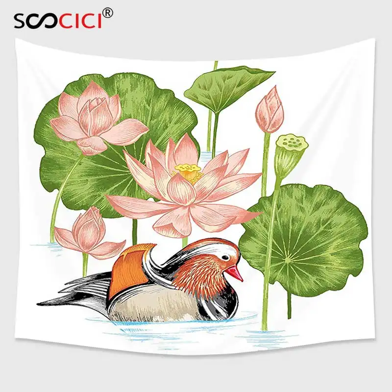 

Cutom Tapestry Wall Hanging,Duck Baby Mandarin Duckling in Pond with Lotus Lily Flowers Water Painting Style Arsty Print White