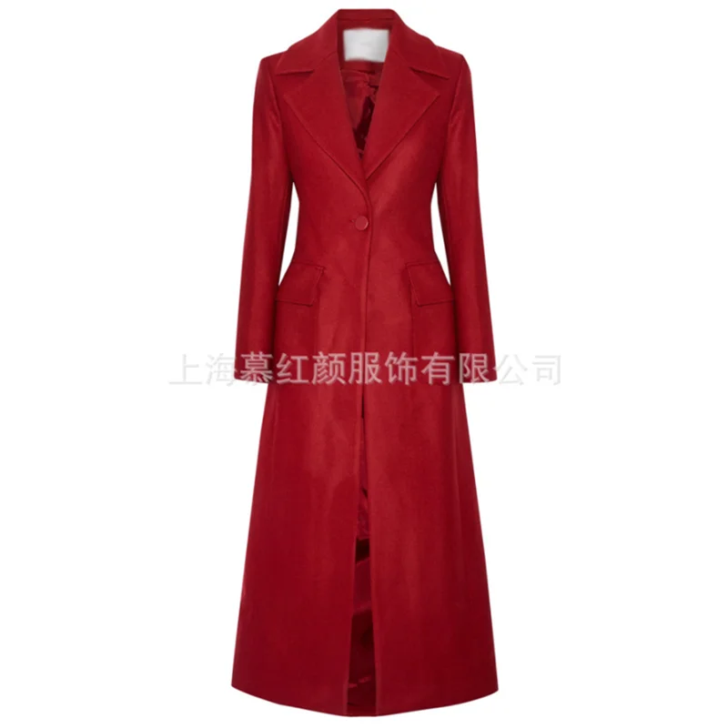 Женское длинное шерстяное пальто элегантное красное приталенное дизайнерское