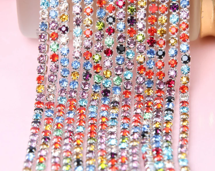 

10 Meters Multi-colors Diamond Crystals Rhinestones Silver Plated Setting Chain Trim SS12 3mm
