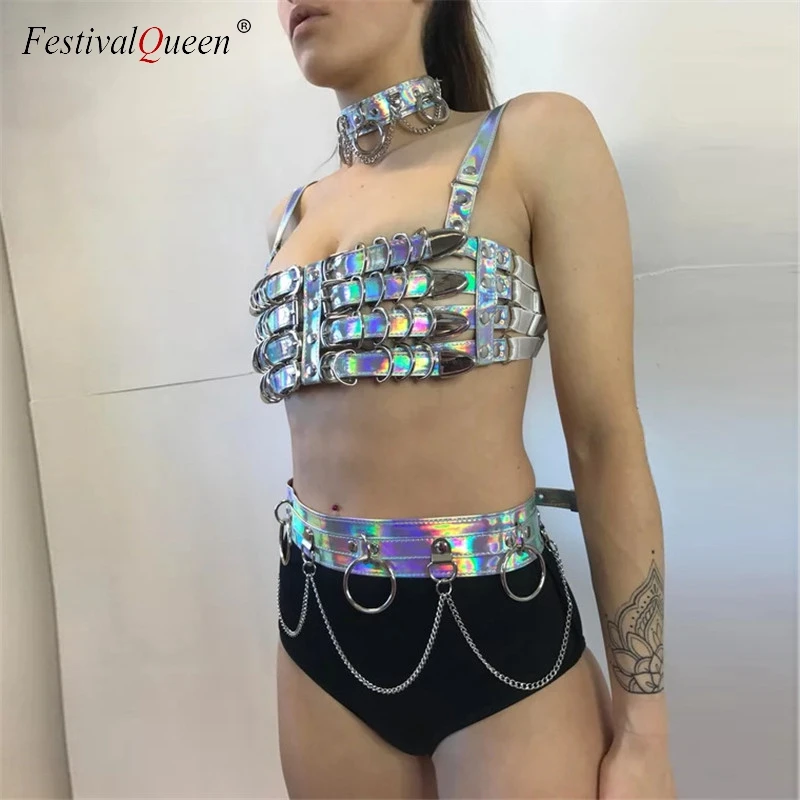 

FestivalQueen sexy shiny laser PU crop tank top metal chain mini skirts sets women holographic backless nightclub 2 pieces set