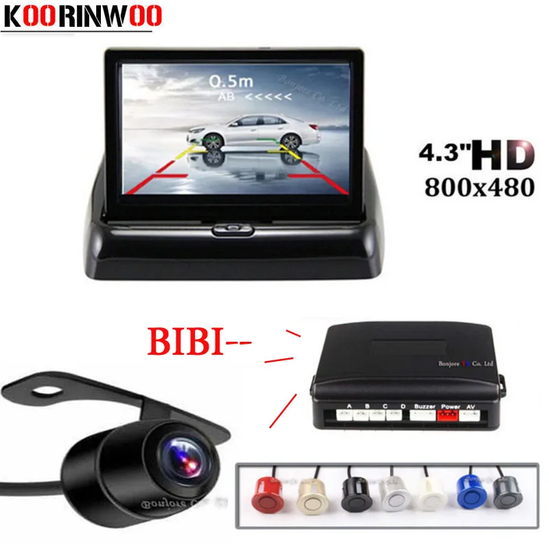 

Koorinwoo AHD Car Parktronic Kit Video Parking Sensor 4.3 Inch TFT Monitor Car Rear View Camera Alert Black white Radar 4 System
