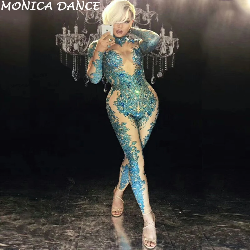 

Сексуальный сценический обтягивающий комбинезон с синими кристаллами, женский костюм для певицы, танцовщицы, камни, цельный костюм, боди дл...