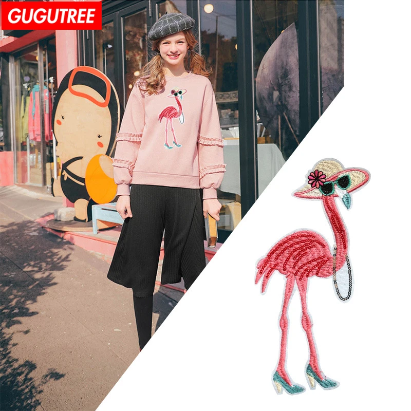 GUGUTREE вышивка блестками большие нашивки с Фламинго в виде животных значки для