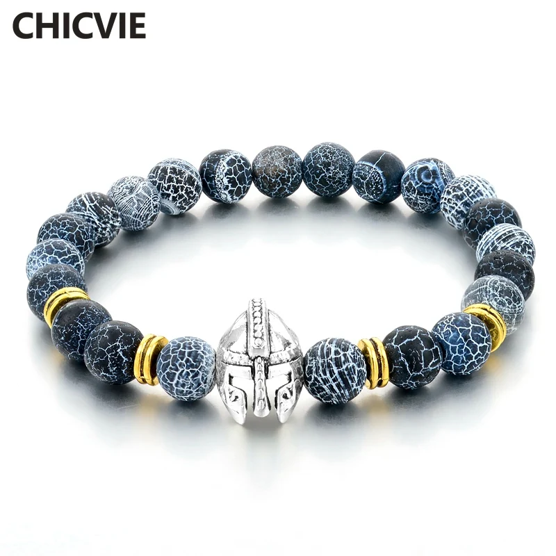 

CHICVIE Silver Color Roman Warrior Gladiator Helmet Bracelet Natural Stone Men Bead Bracelets for Women Girls Jewelry SBR160179