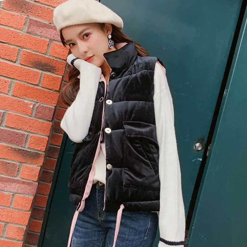 Women Street Winter Pink Black Parkas Vest Sleeveless Jacket Waistcoat Padding Warm Velvet Ladies Girl Slim Fit Down Coat | Женская