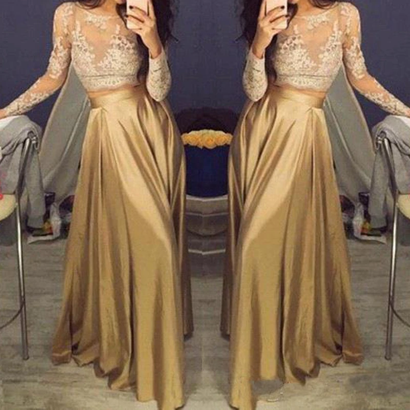 Beautiful Lace Long Sleeve Gold Two Piece Prom Dresses 2021 Satin Cheap Prom Gowns Sheer Golden Party Gowns Zipper Back
Beautiful Lace Long Sleeve Gold Two Piece Prom Dresses 2021 Satin Cheap Prom Gowns Sheer Golden Party Gowns Zipper Back