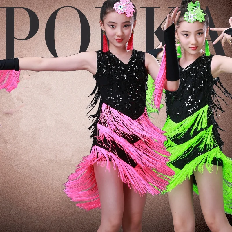 Latest Latin Fringe Sequin Dress Salsa Dance Clothes Samba Costume Kids Child For Girls | Тематическая одежда и униформа
